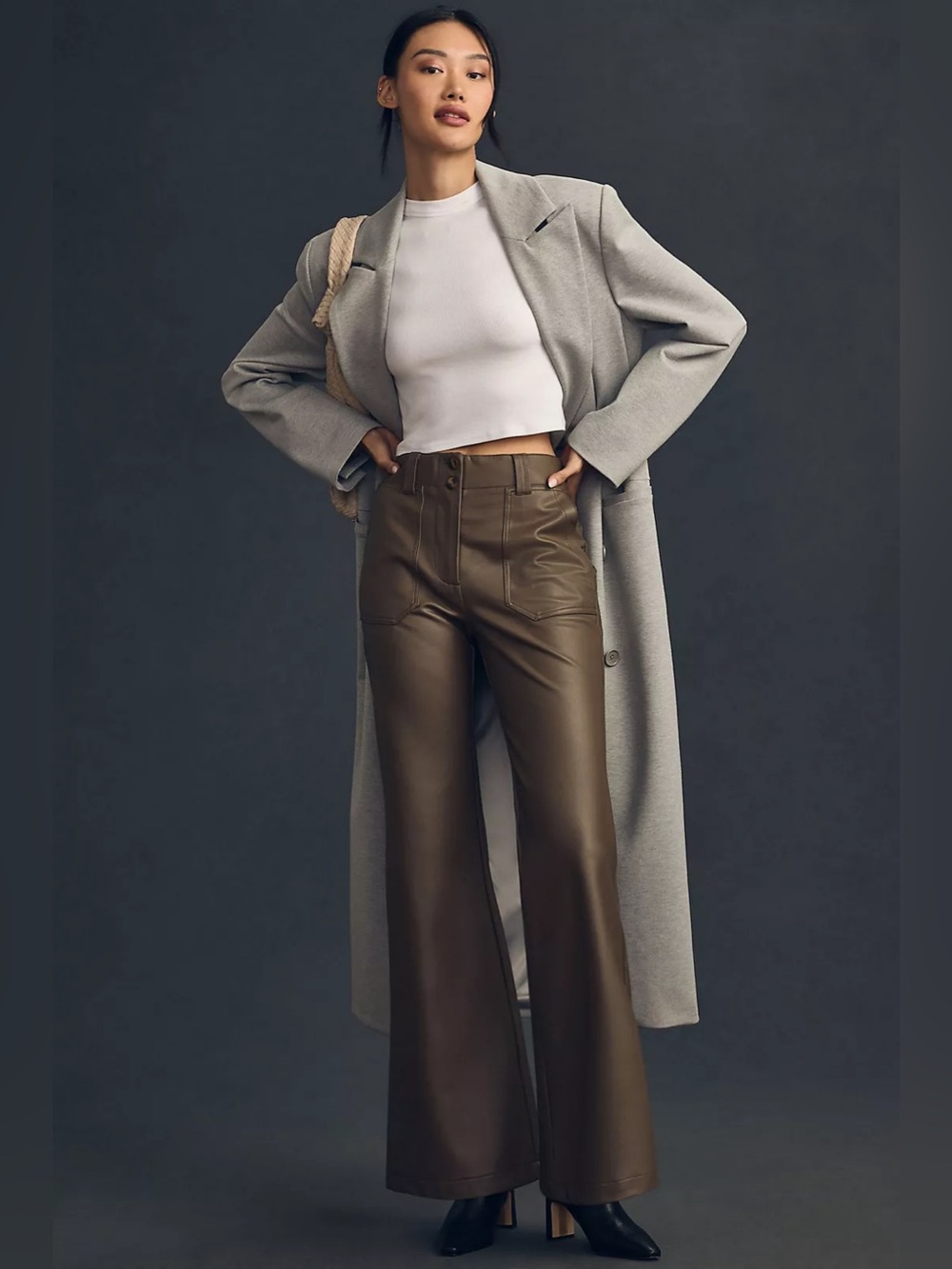 Anthropologie || Maeve The Naomi Vegan Leather Wide-Leg Flare Pants Grey Brown 6